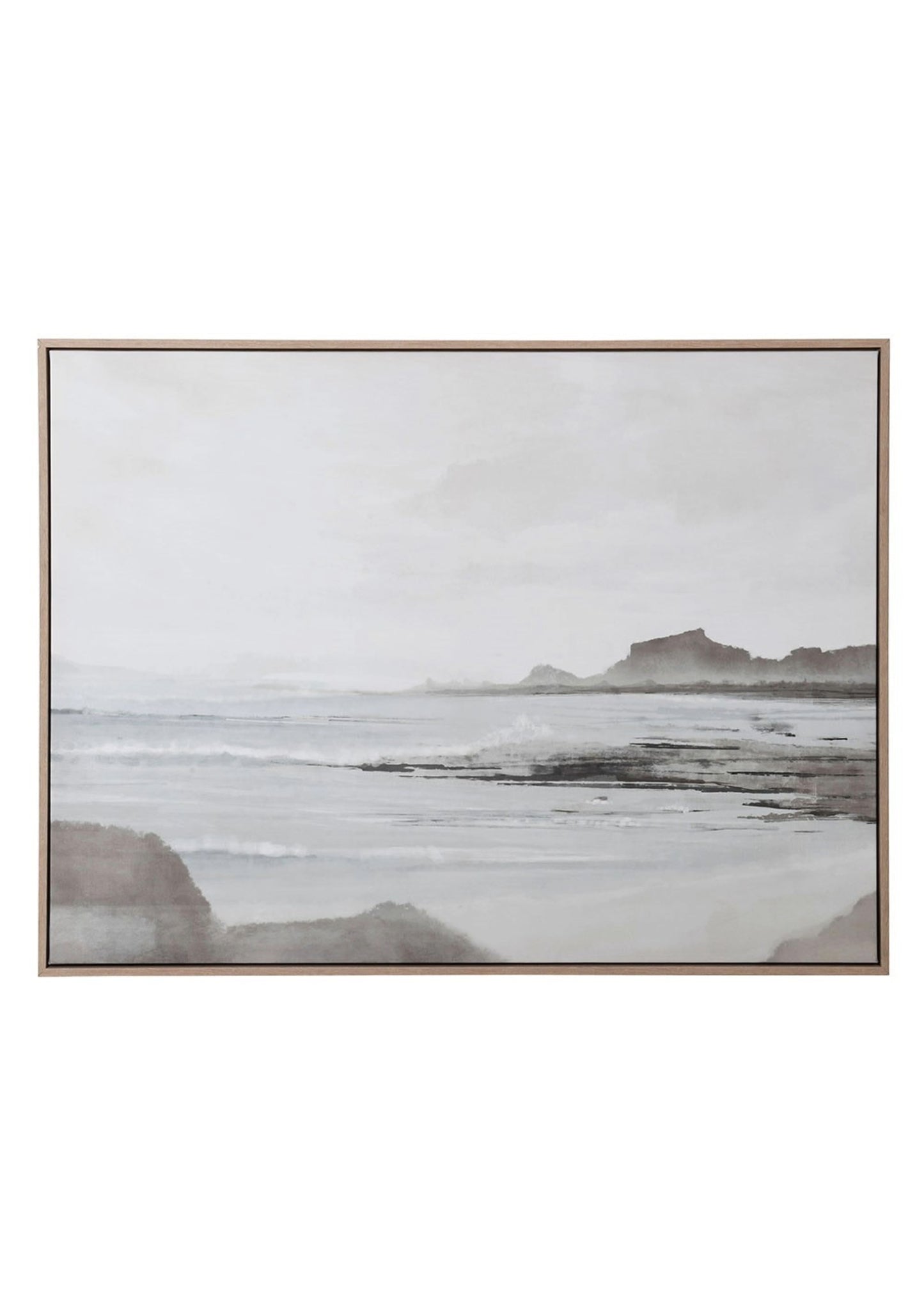 A pine-framed canvas print featuring a serene coastal scene with neutral tones.