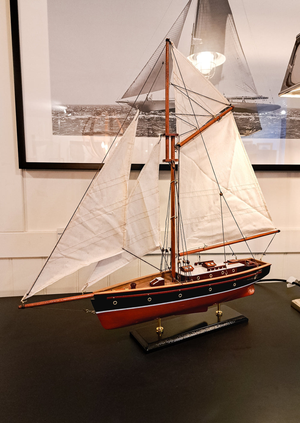 Handcrafted 60cm gaff-rigged yacht model with cabin, sewn cotton sails  and wooden  hull-nautical coastal decor