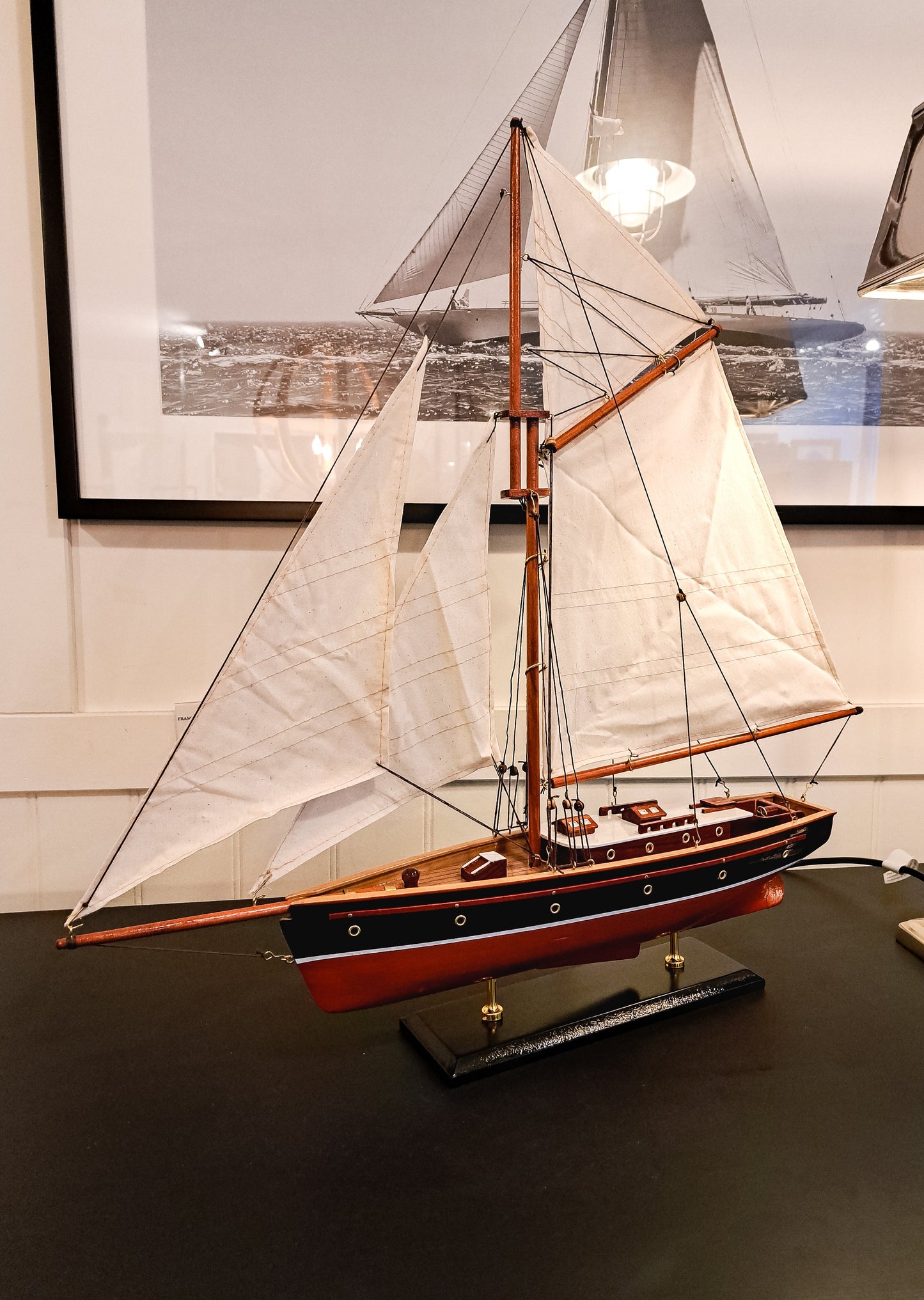 Handcrafted 60cm gaff-rigged yacht model with cabin, sewn cotton sails  and wooden  hull-nautical coastal decor
