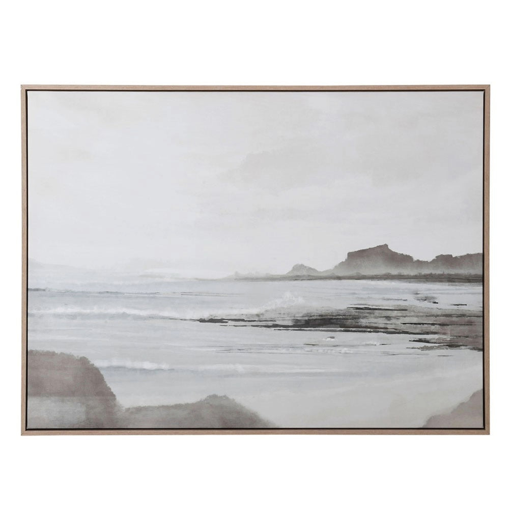 
                      
                        A pine-framed canvas print featuring a serene coastal scene with neutral tones.
                      
                    