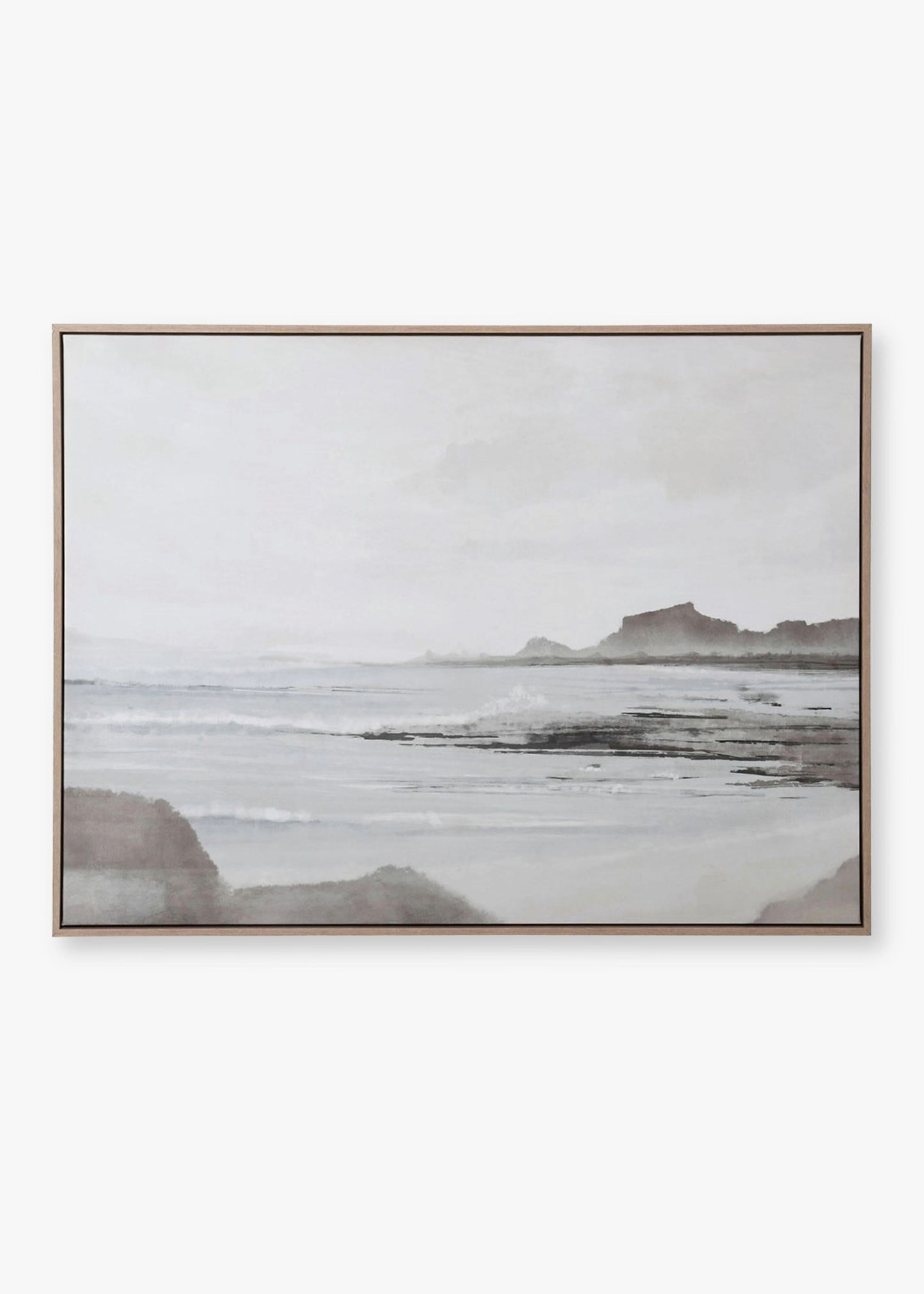 Framed landscape painting of a misty coastal scene 