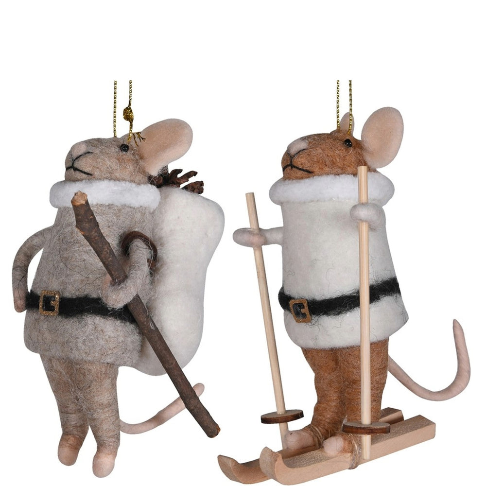 
                      
                        Two Christmas decorative mouse figurines, one with skis and the other with a walking stick
                      
                    
