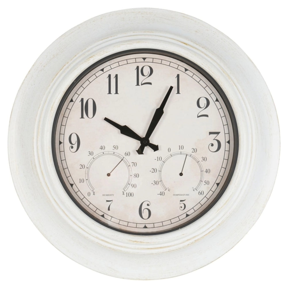 Outdoor Metal Wall Clock with Temperature and Humidity Antique White