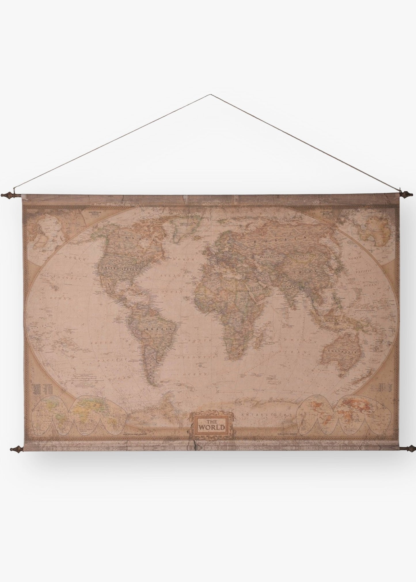 Antique-style world map fabric wall hanging