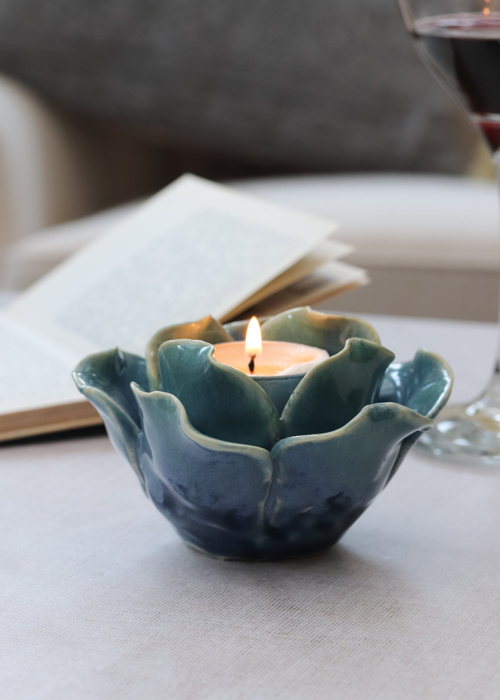 Blue Ceramic Flower Tealight Holder