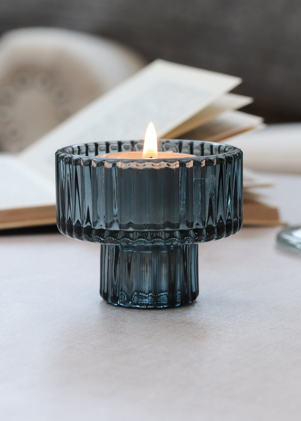 Blue Double Sided Glass Candle Holder