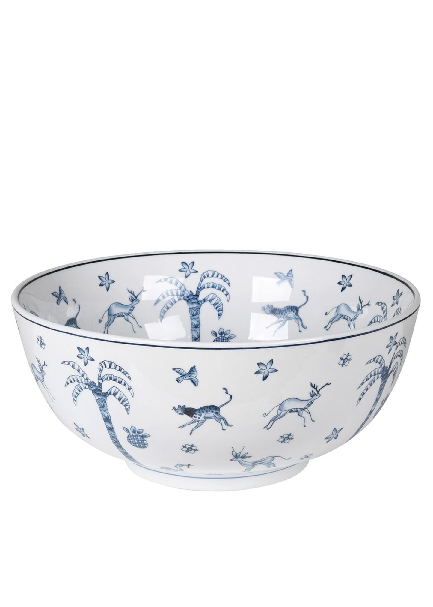 White ceramic bowl with blue animal and floral patterns on a white background