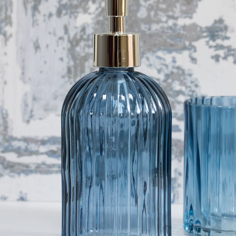 Soap Dispenser in Ridged Glass - Blue