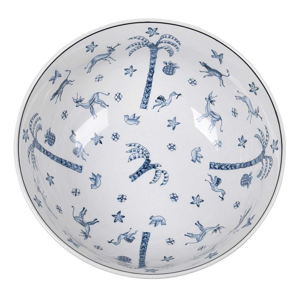 White ceramic bowl with blue decorative patterns on a white background
