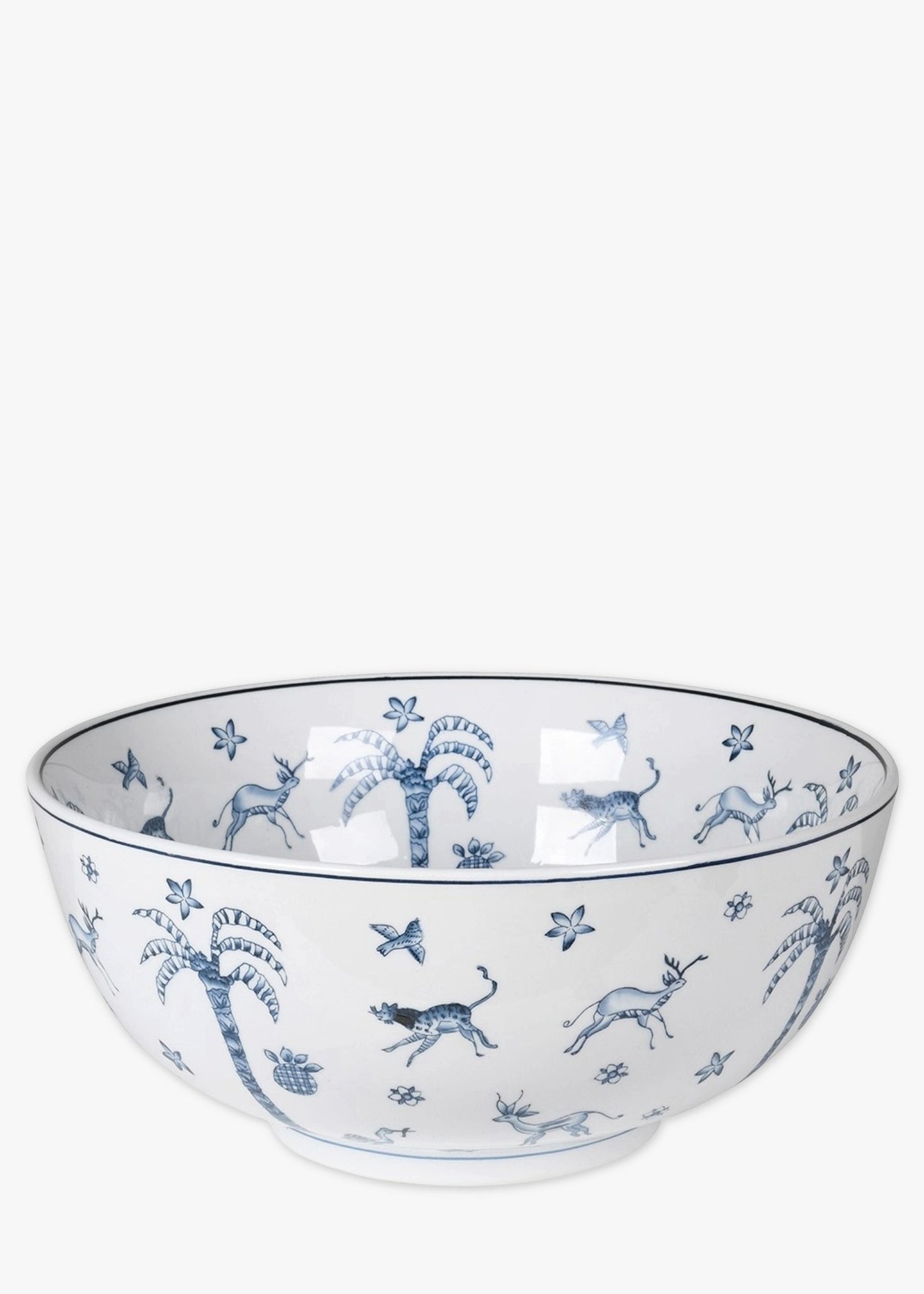 Decorative White ceramic bowl with blue animal and floral patterns 