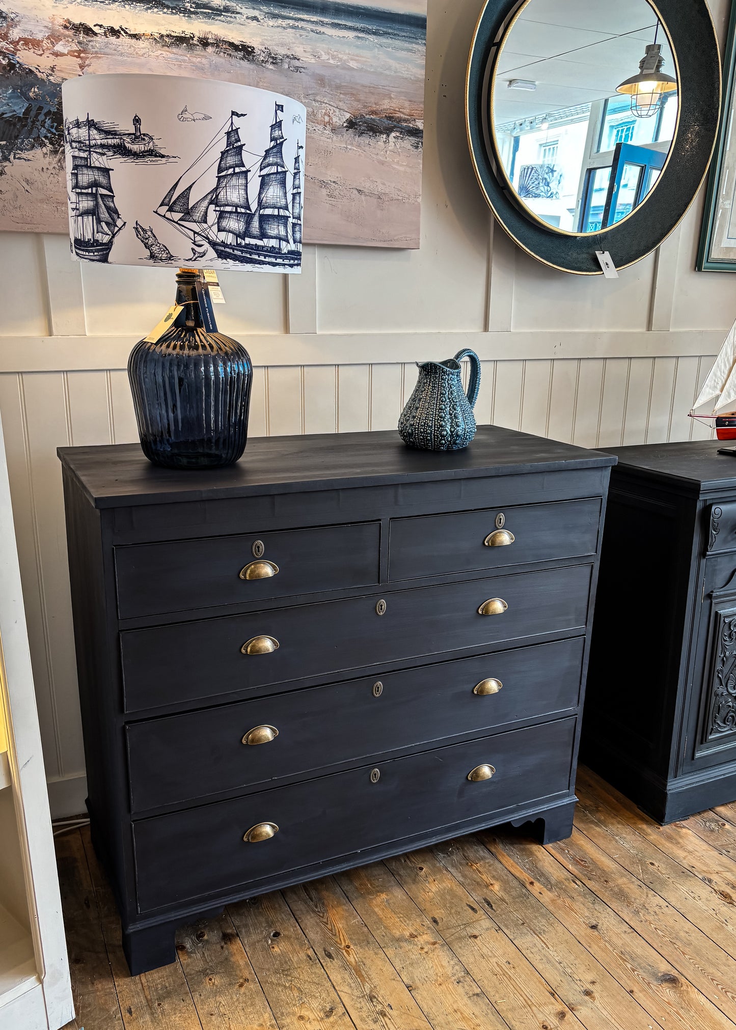 Antique chest of drawers hand-painted in a classic dark navy 