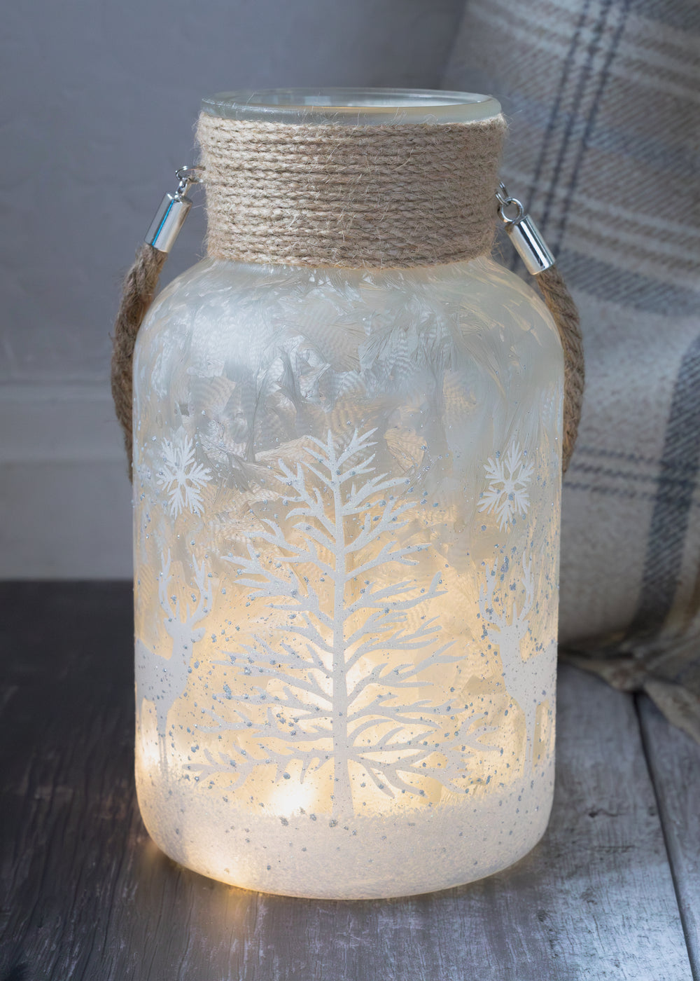 Frosted Deer Scene Christmas Hurricane with Rope Handle