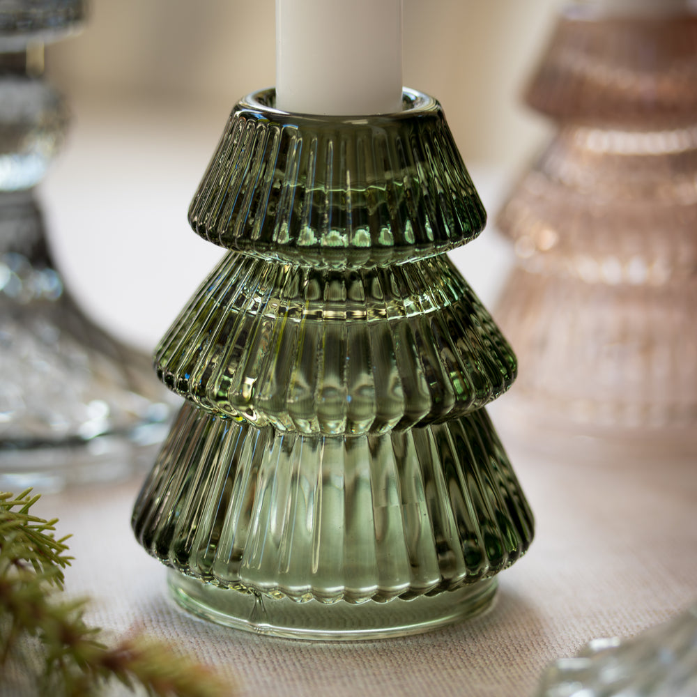 Green Glass Tree Candle Holder