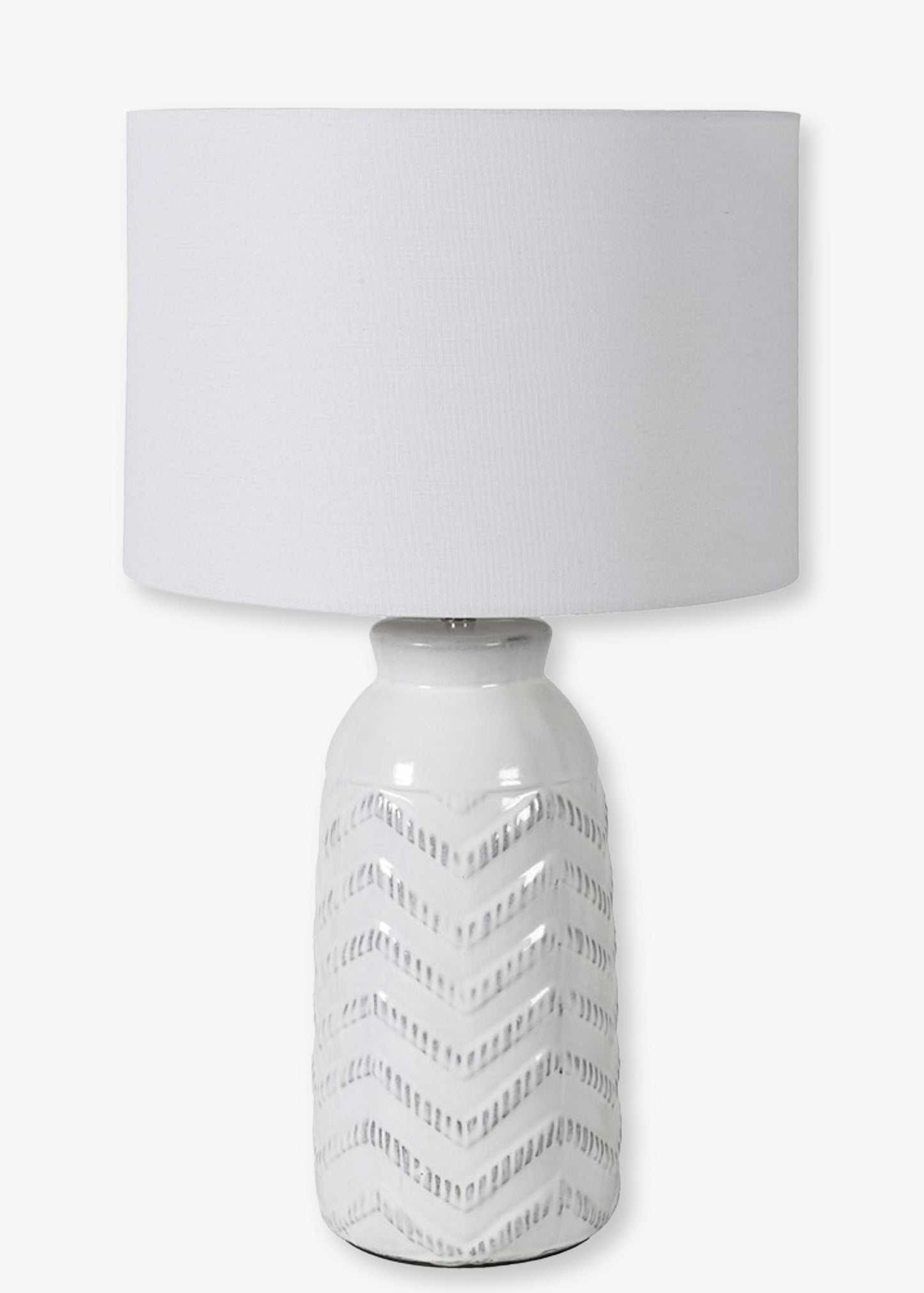 White/grey  table lamp with a textured base and off white shade 