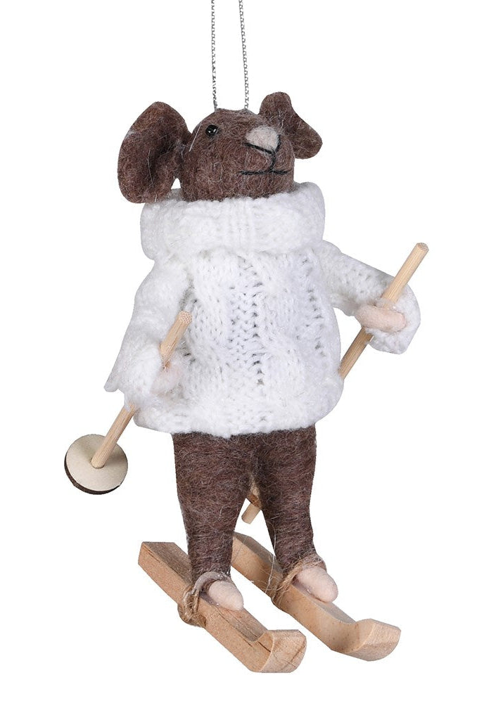Decorative mouse tree decoration  in a white jumper with skis 