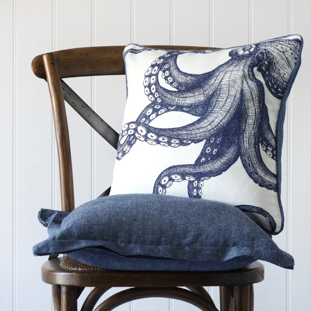 Navy & White Octopus Cushion, Linen & Cotton