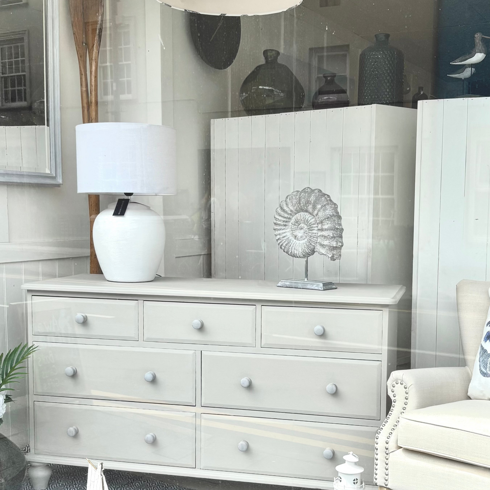 Painted 7 drawer pine chest of drawers in fresh modern warm grey