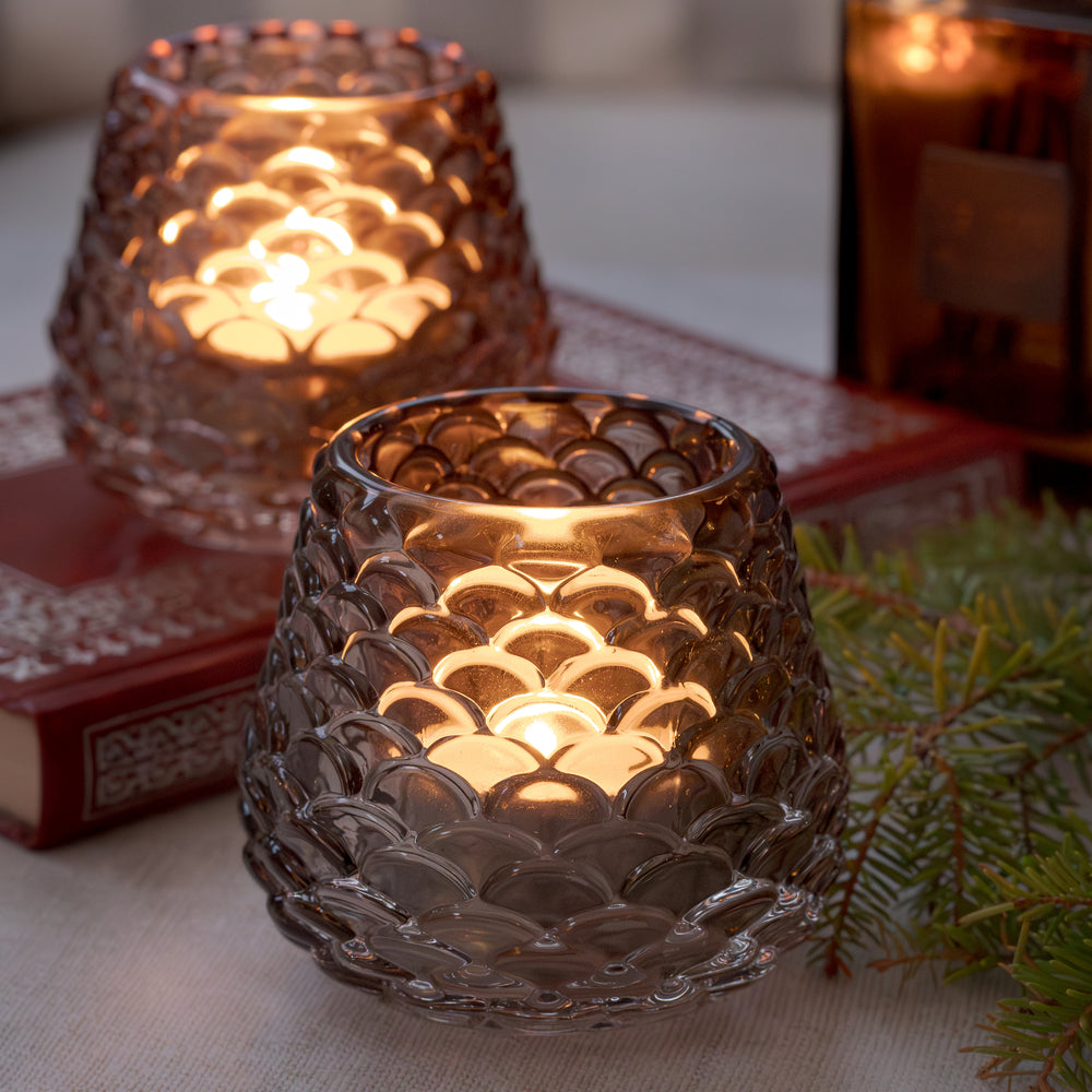 Glass Pinecone Tealight Holder available in Smoke or Taupe