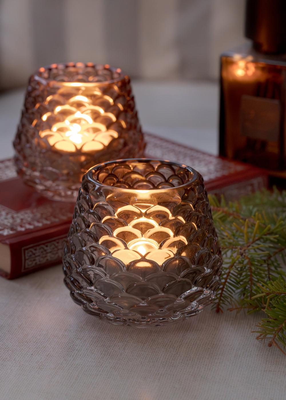 Glass Pinecone Tealight Holder available in Smoke or Taupe