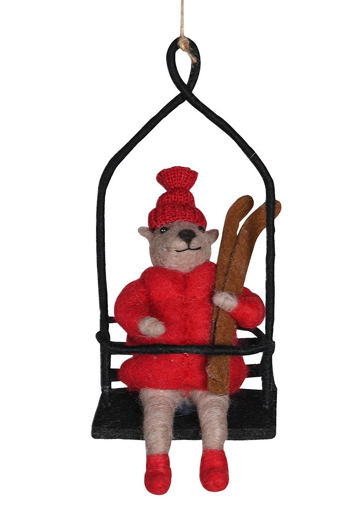 
                      
                        Felted bear tree ornament in a ski lift with skis 
                      
                    