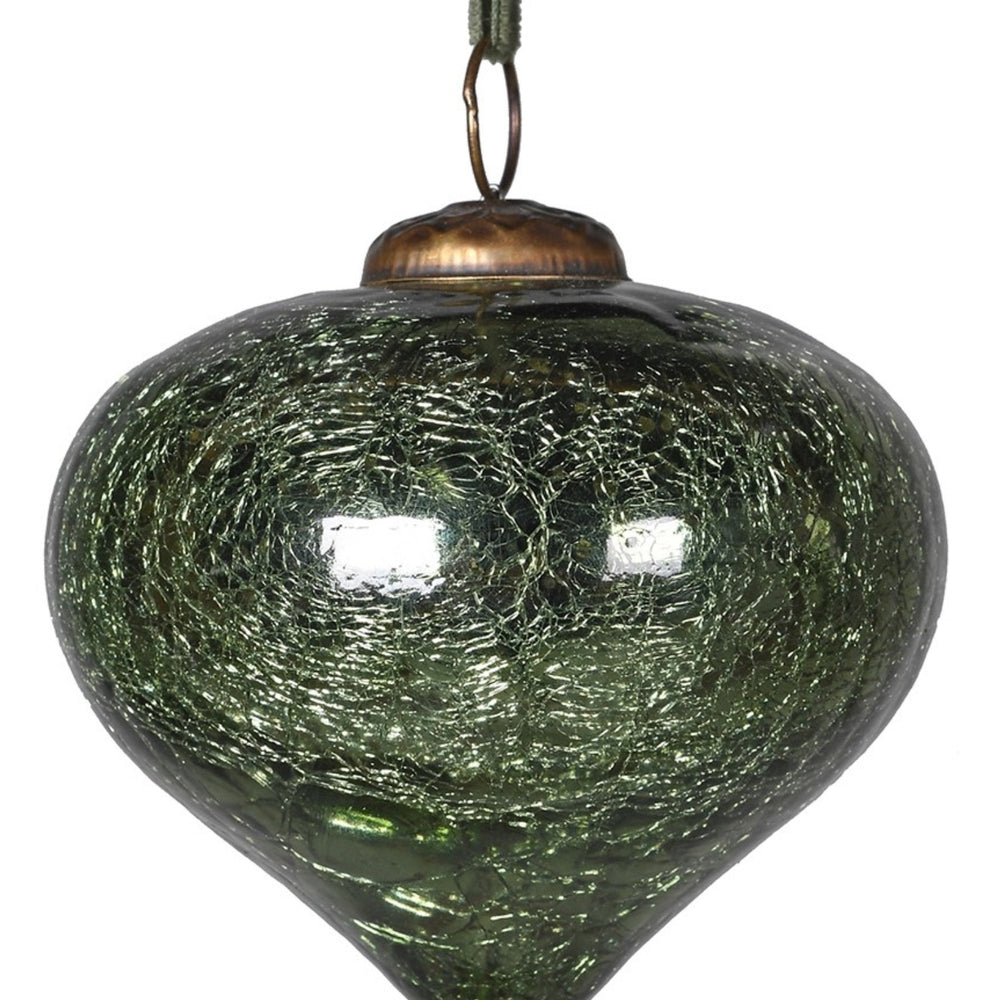 
                      
                        Sage Green glass hanging onion shaped bauble with textured surface 
                      
                    
