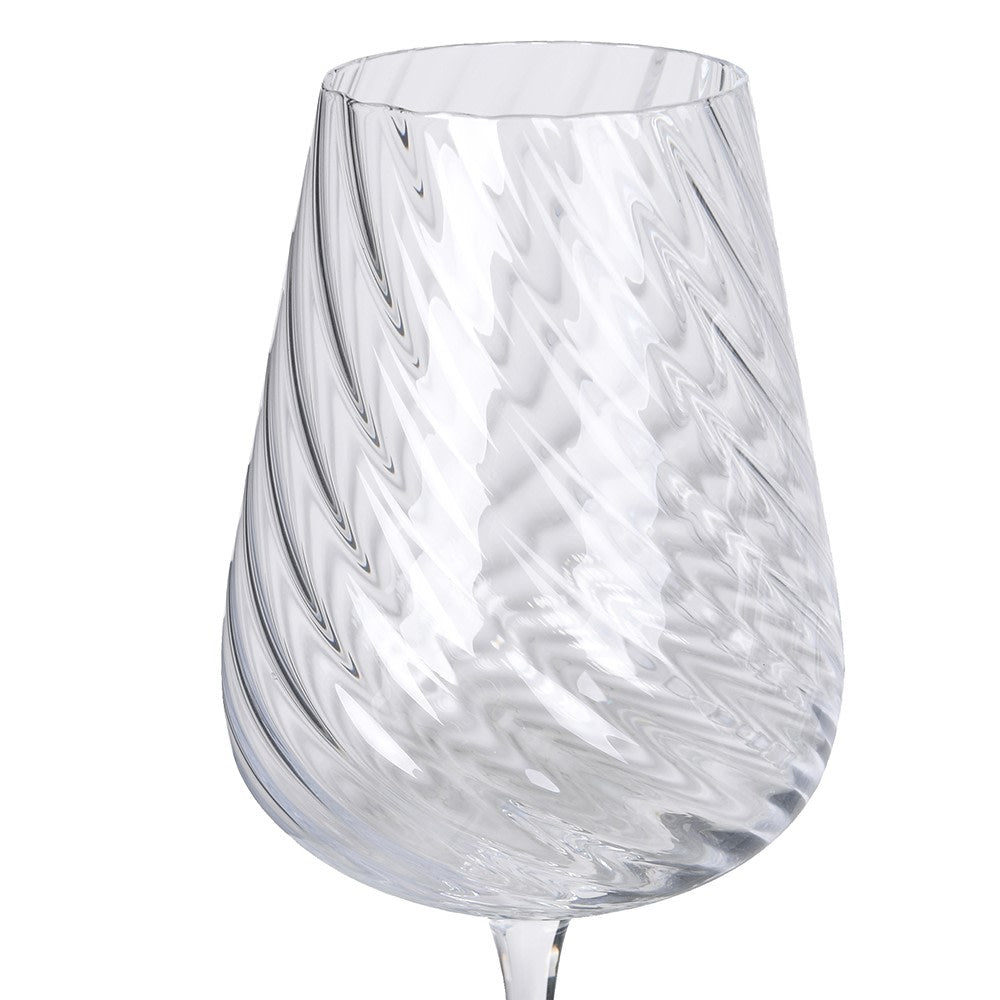Clear glass wine glass with a swirling pattern 
