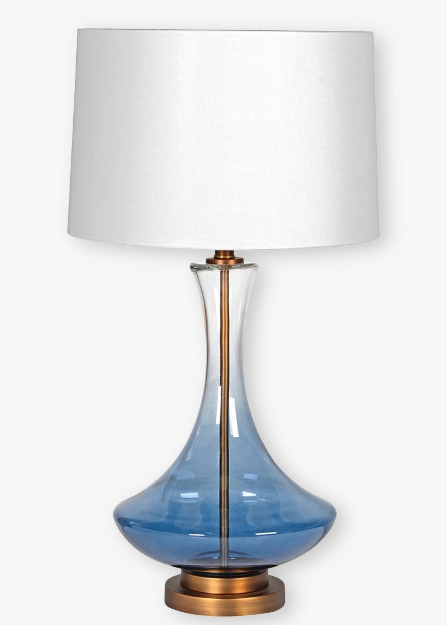 Table lamp with smoked blue glass base and white shade 