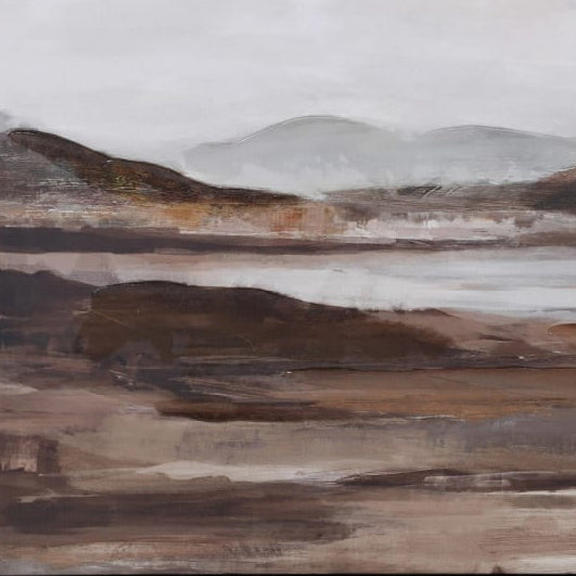 Abstract landscape painting with earthy tones and a black frame.