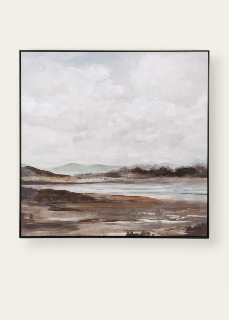 A framed landscape painting featuring a cloudy sky, distant hills, and a marshy foreground in muted earthy tones.