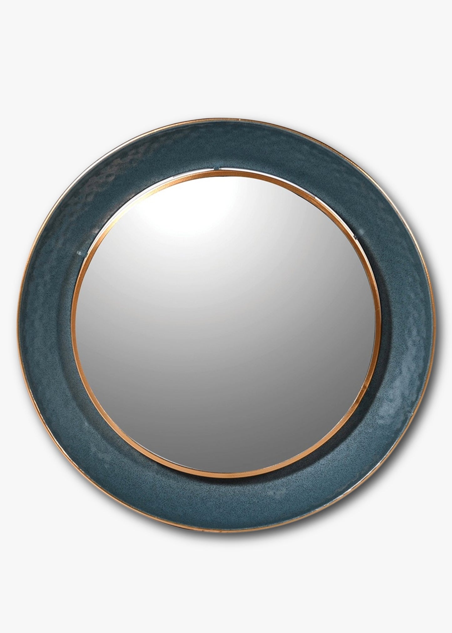Round mirror with a teal frame 