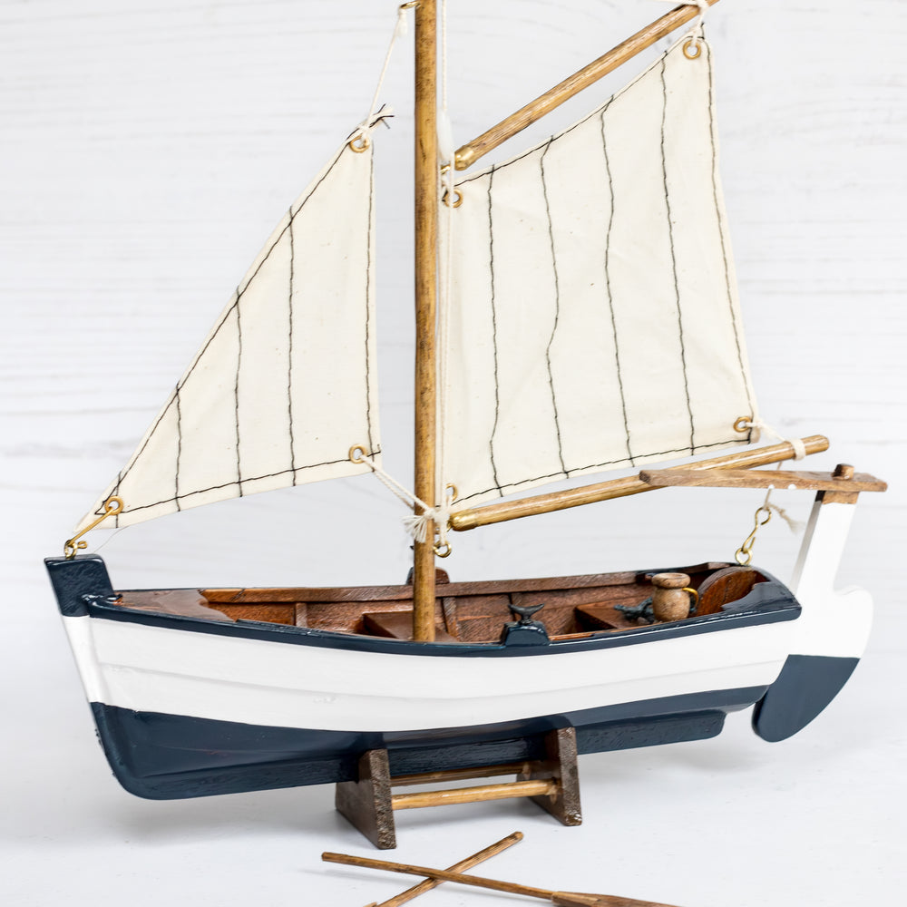 Wooden model sailing boat with cotton sails and oars-coastal decorative accessory