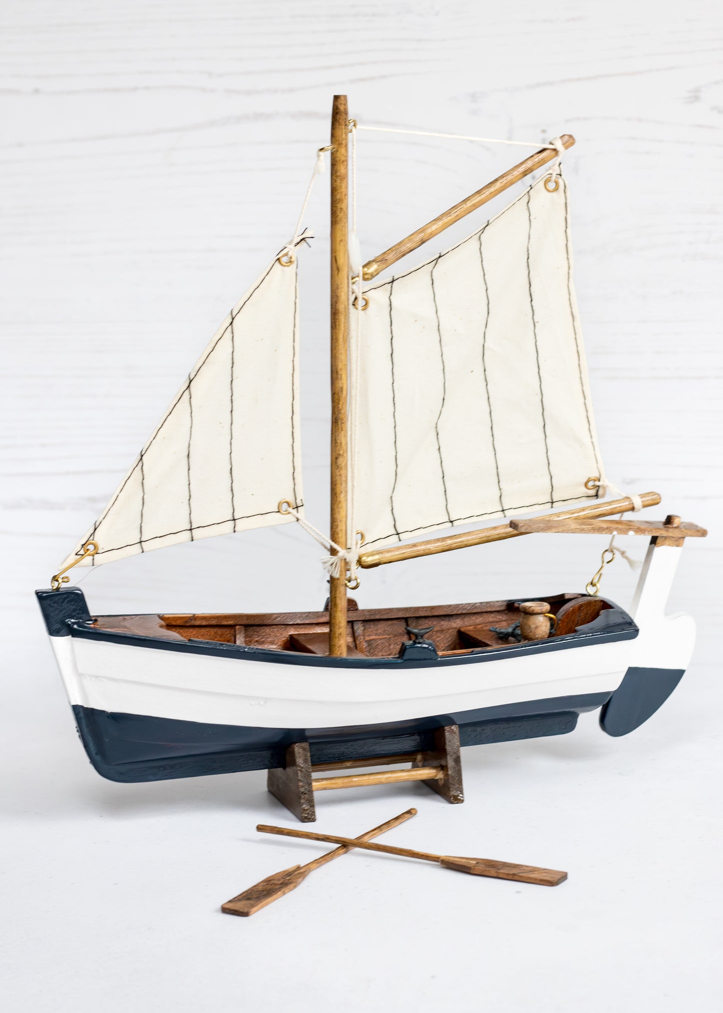 Wooden model sailing boat with cotton sails and oars-coastal decorative accessory