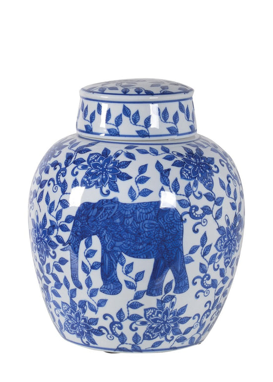 Load image into Gallery viewer, Blue &amp;amp; White Elephant Lidded Jar
