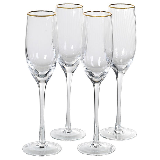SET OF 4 GOLD RIM CHAMPAGNE GLASSES WITH RIBBED GLASS